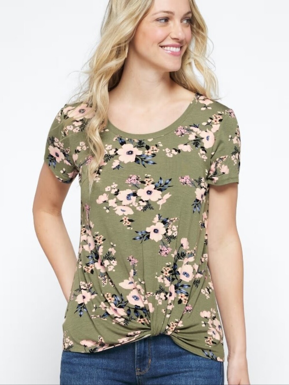 Nine Britton Knot-Hem Short Sleeve Top in Green Floral, Size XL